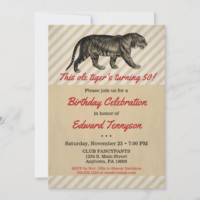 Vintage Tiger Birthday Invitation Mens Male Man (Front)