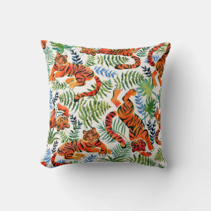 Vintage Tiger Jungle Watercolor Throw Pillow