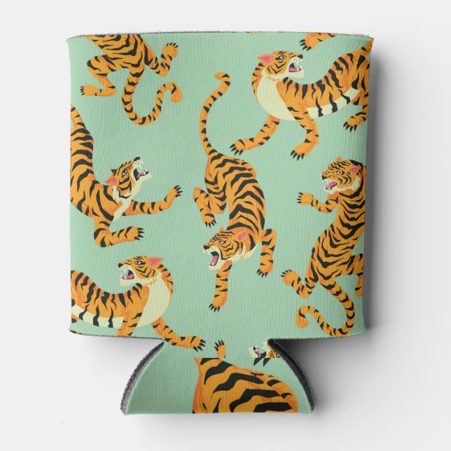Vintage Tiger Print Seamless Pattern Can Cooler (Front)