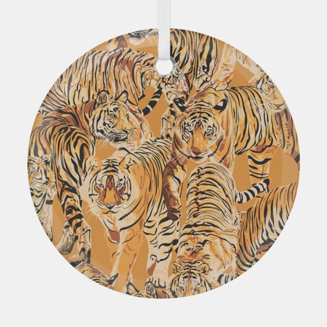 Vintage Tiger Safari Wildlife Pattern Glass Ornament (Front)