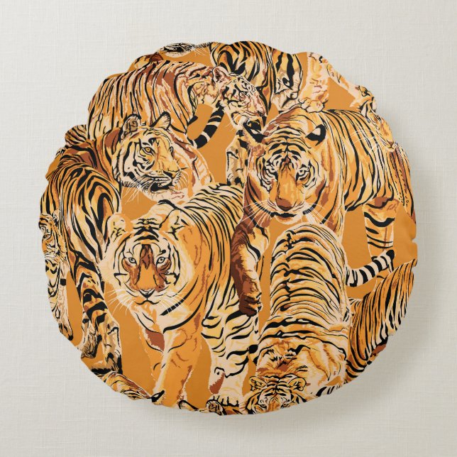Vintage Tiger Safari Wildlife Pattern Round Pillow (Front)