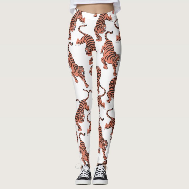 Vintage tigers, hand-drawn seamless pattern. leggings (Front)