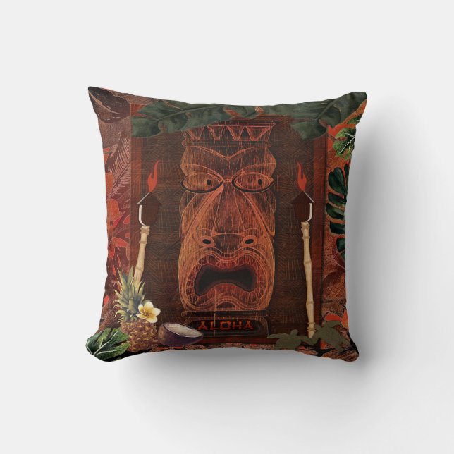 Vintage Tiki Aloha Hawaiian Luau Tropical Throw Pillow (Front)