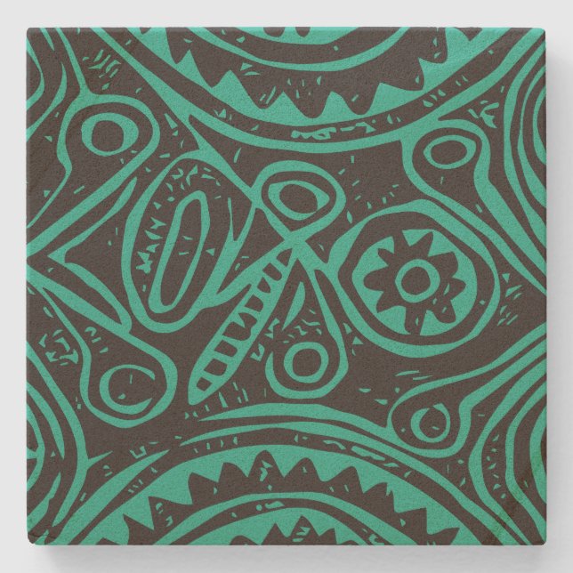 Vintage Tiki Pattern Green and Black Stone Coaster (Front)