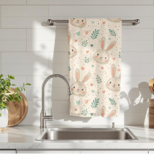 Vintage Tiny Bunny Faces with Roses Pattern Kitchen Towel