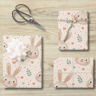 Vintage Tiny Bunny Faces with Roses Pattern Wrapping Paper Sheet