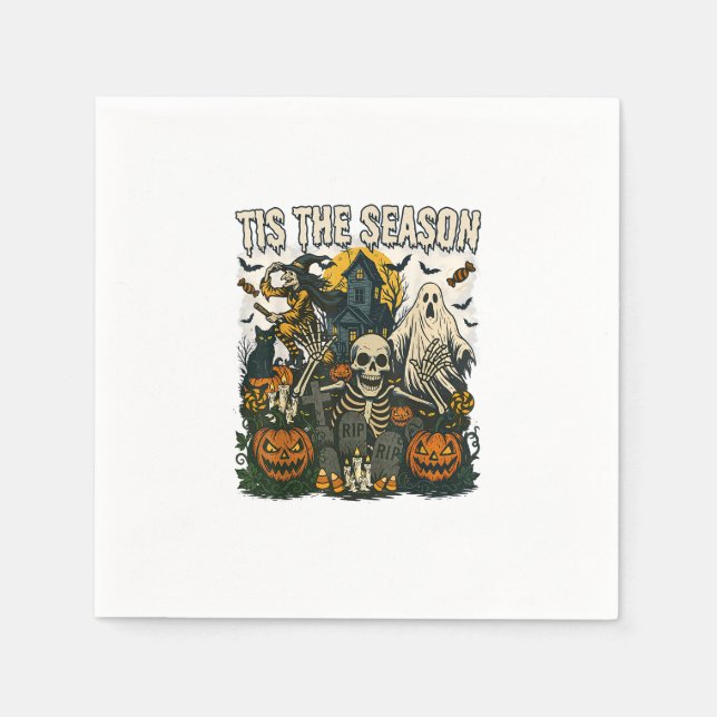 Vintage Tis Season Halloween Skeleton Retro Napkin (Front)