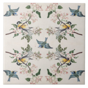 Vintage tit birds on an apple tree tile