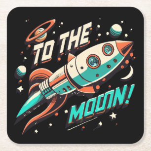 Vintage To The Moon Rocket ship Square Paper Coaster