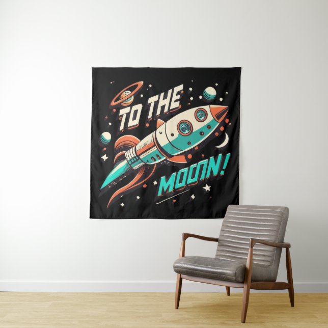 Vintage To The Moon Rocket ship Tapestry (In Situ)