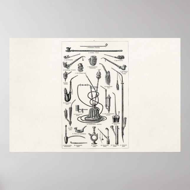Vintage Tobacco Pipes and Old Hookah Illustration Poster (Front)