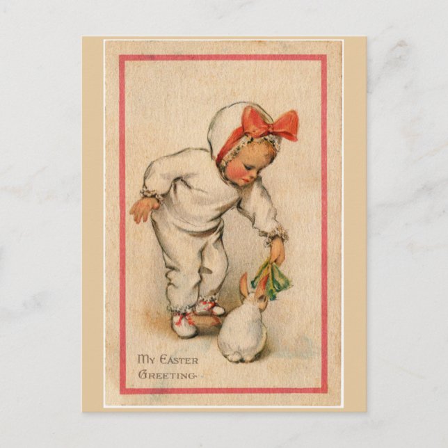 Vintage Toddler Feeding Bunny at Easter Postcard (Front)