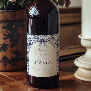 Vintage Toile Blue Bow Rocking Horse Baby Shower Wine Label