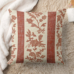Vintage Toile de Jouy Floral Stripe in Terracotta  Throw Pillow