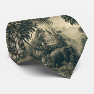 Vintage Toile Elephant Jungle Art Tropical Botanic Tie