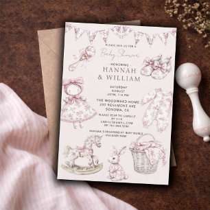  Vintage Toile Nursery Baby Girl Shower Blush Pink Invitation