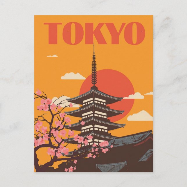 Vintage Tokyo Japan Pagoda Cherry Blossom Travel Postcard (Front)