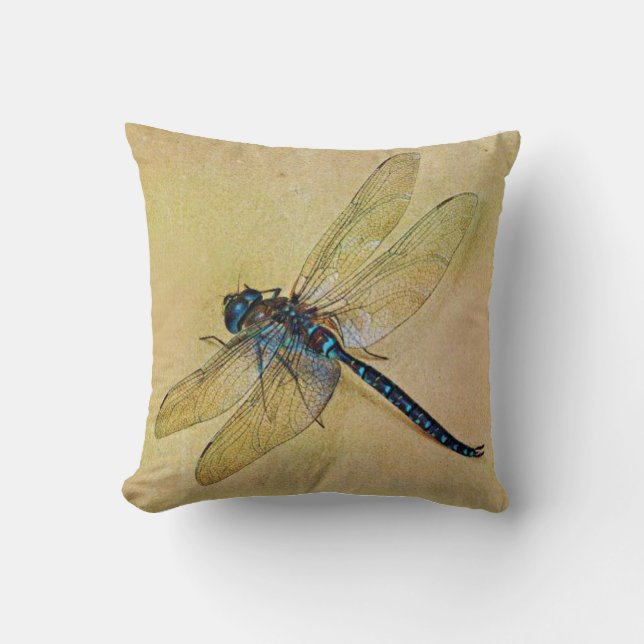 Vintage Tolstoy Blue Dragonfly Throw Pillow (Front)