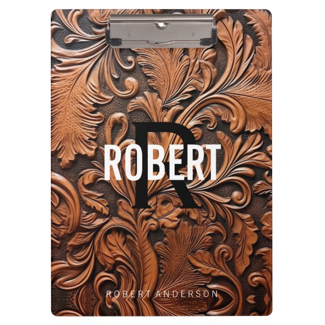 Vintage tooled leather monogram name clipboard (Front)