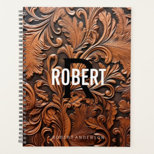 Vintage tooled leather monogram name planner