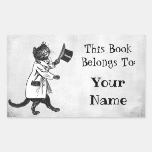 Vintage Top Hat Cat Custom Bookplate Sticker