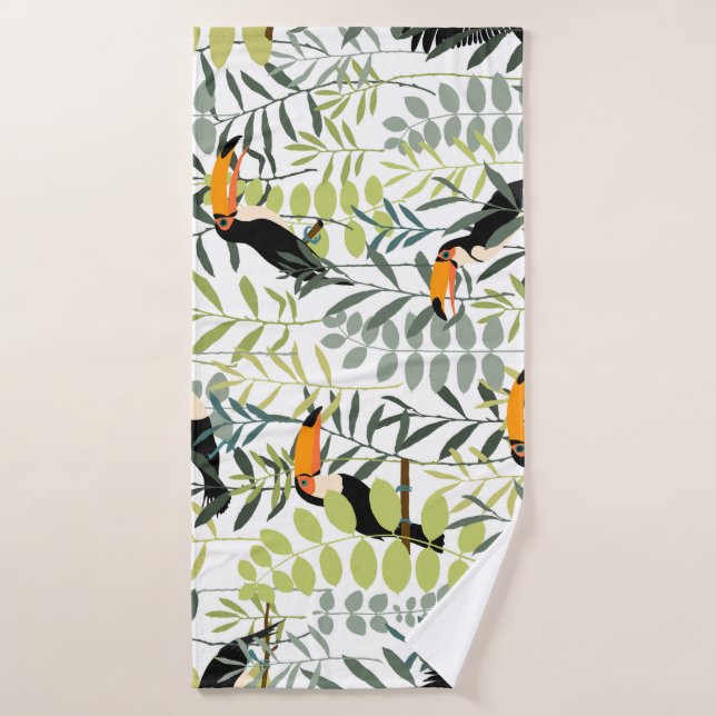 Vintage Toucans Green Leaves Pattern Bath Towel (Bath Towel)