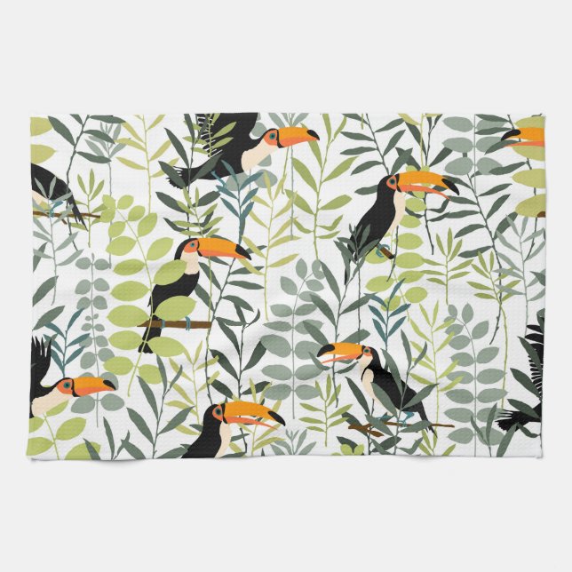 Vintage Toucans Green Leaves Pattern Kitchen Towel (Horizontal)