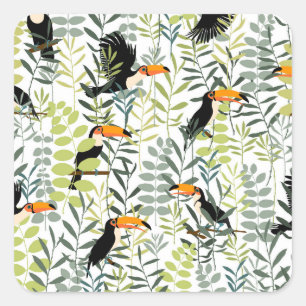 Vintage Toucans Green Leaves Pattern Square Sticker