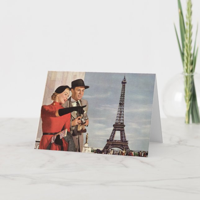 Vintage Tourists at Eiffel Tower, Paris Vacation Card (Front)