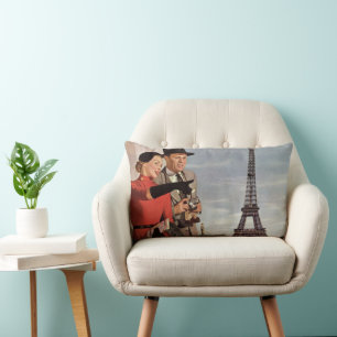 Vintage Tourists at Eiffel Tower, Paris Vacation Lumbar Pillow