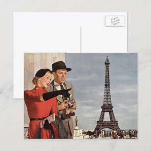Vintage Tourists at Eiffel Tower, Paris Vacation Postcard