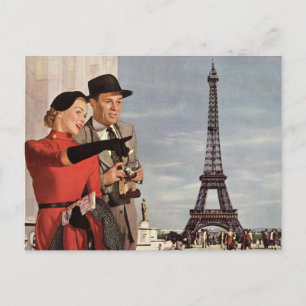 Vintage Tourists at Eiffel Tower, Paris Vacation Postcard