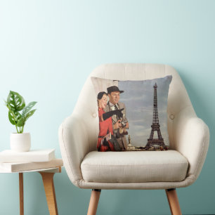 Vintage Tourists at Eiffel Tower, Paris Vacation Throw Pillow