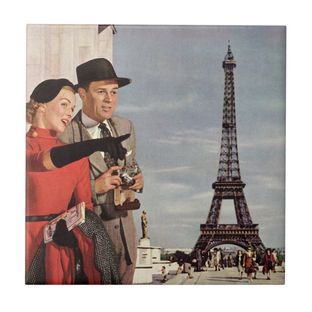 Vintage Tourists at Eiffel Tower, Paris Vacation Tile (Front)