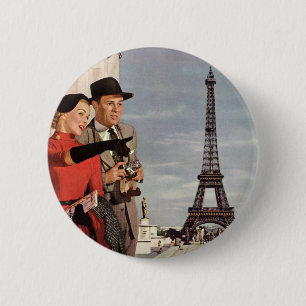 Vintage Tourists Travelling in Paris Eiffel Tower 2 Inch Round Button