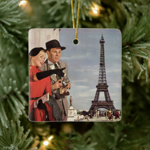 Vintage Tourists Travelling in Paris Eiffel Tower Ceramic Ornament