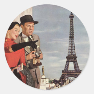 Vintage Tourists Travelling in Paris Eiffel Tower Classic Round Sticker