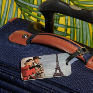 Vintage Tourists Travelling in Paris Eiffel Tower Luggage Tag