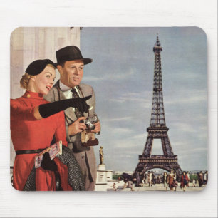 Vintage Tourists Travelling in Paris Eiffel Tower Mouse Pad