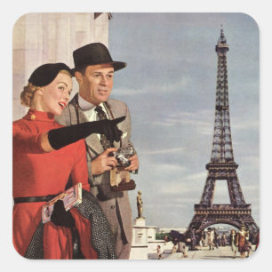 Vintage Tourists Travelling in Paris Eiffel Tower Square Sticker