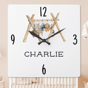 Vintage Toy Animal Gym 10.75-in Boho Nursery Square Wall Clock