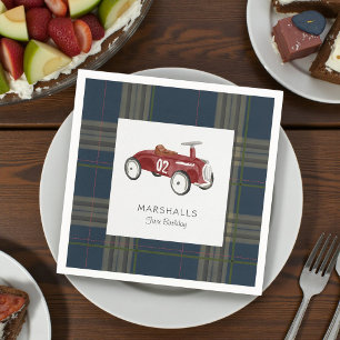 Vintage Toy Car Navy Plaid Birthday Napkins