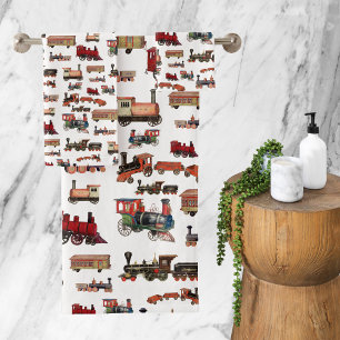 Vintage Toy Train Colourful Trains Pattern Bath Towel Set