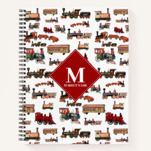 Vintage Toy Train Colourful Trains Pattern Monogra Notebook