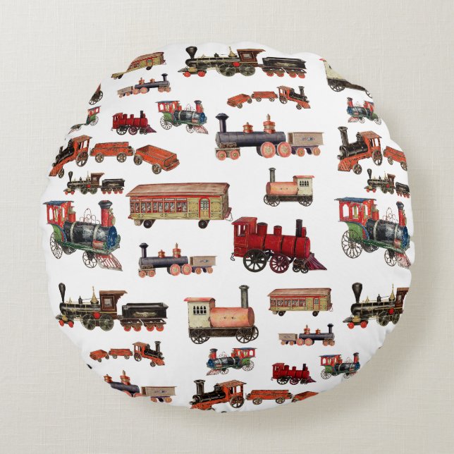 Vintage Toy Train Colourful Trains Pattern Round Pillow (Front)