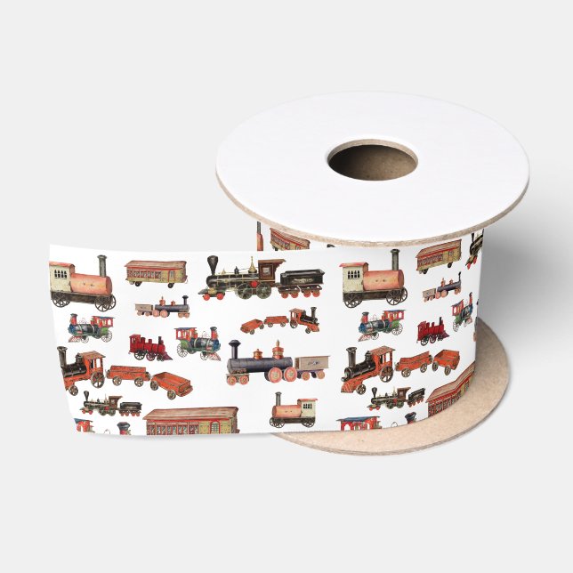 Vintage Toy Train Colourful Trains Pattern Satin Ribbon (Spool)