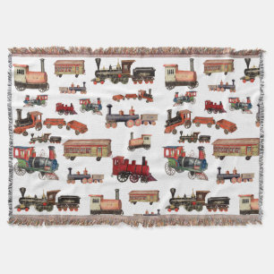 Vintage Toy Train Colourful Trains Pattern Throw Blanket