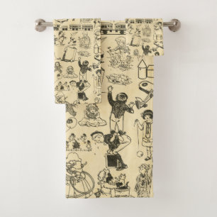 Vintage toys and playing children pattern bath towel set