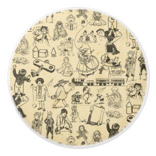Vintage toys and playing children pattern ceramic knob