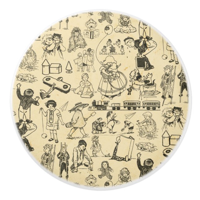 Vintage toys and playing children pattern ceramic knob (Front)